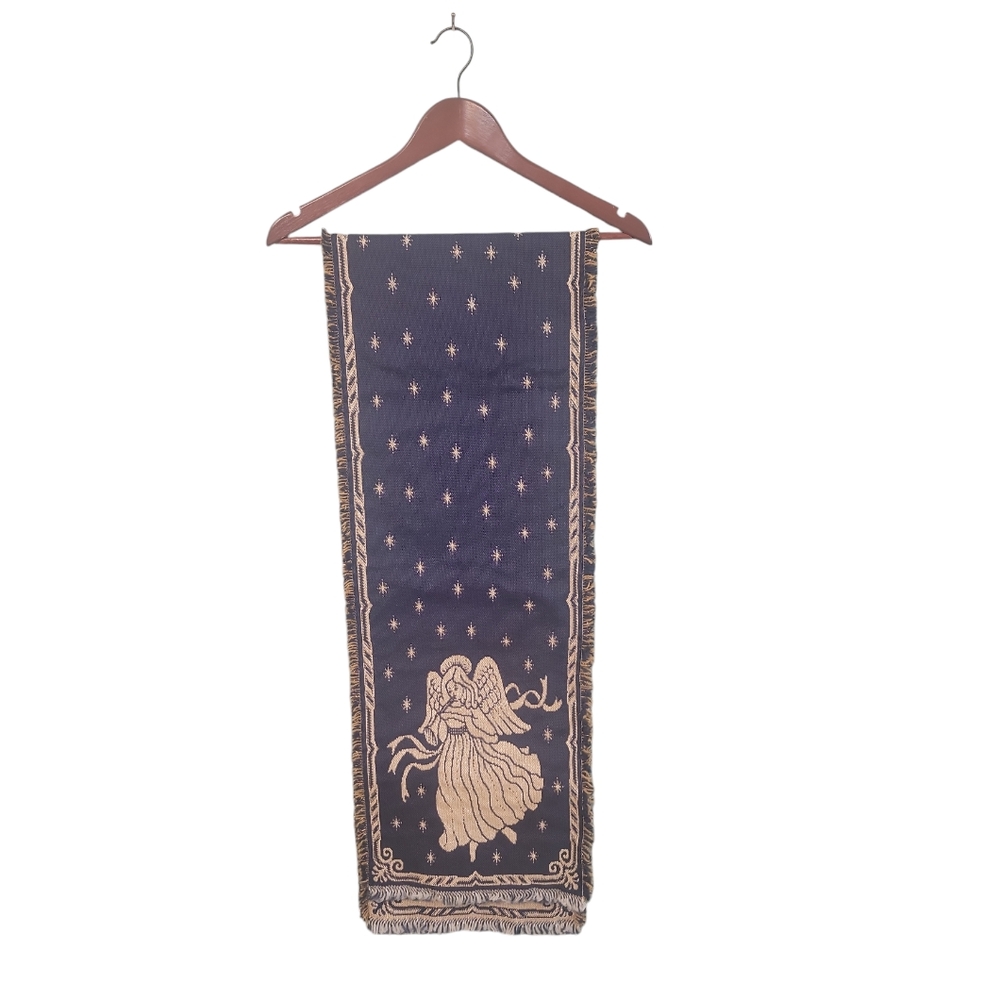 Vintage Table Tapestry Runner Angel Holiday Seasonal Fringe‎ Size 12Wx72L